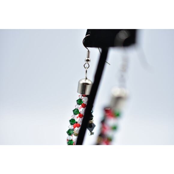 Vintage Crystal Beaded Earrings Christmas Holiday Shiny Dangle Red Green Bin7 - Picture 7 of 11